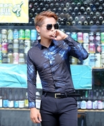 男士韩版渐变色荧光蓝格子衬衫潮流个性细纱布半透衬衣男长袖