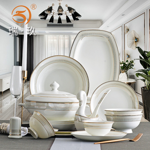欧式骨瓷餐具套装碗盘，家用60头整套碗碟组合结婚乔迁礼物餐具套餐