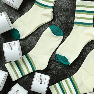 MBBCAR窄幅薄荷绿条纹原创设计长袜复古中帮袜春夏高帮袜日系透气