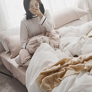 日式简约水洗棉四件套双拼纯色双人2米床纯棉床笠款被套床上用品