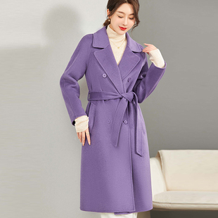 紫色双排扣双面羊绒，大衣女长款宽松系带羊，毛呢外套2023年秋冬