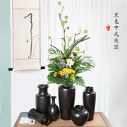 陶瓷花瓶摆件景德镇黑色，禅意新中式鲜花干花，客厅大插花器皿中