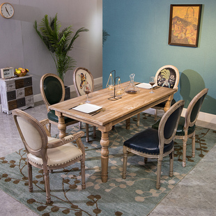 欧式美式餐桌组合实木桌子，复古做旧拉丝松木，餐桌法式餐厅简长方桌