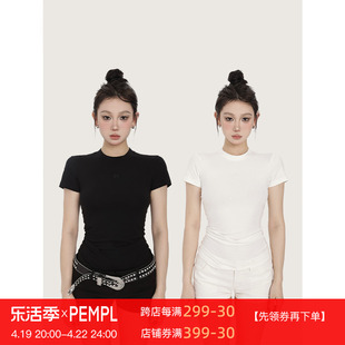 pempl短袖t恤女夏季黑白，基础舒适圆领中长款修身显瘦体恤上衣
