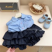 韩版童装女童夏装时髦洋气亲子家套装儿童蓝色衬衫黑色花苞短裤两