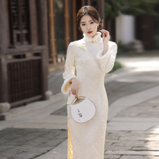 白色改良蕾丝旗袍加绒加厚长袖，2024年冬季复古风气质高级感连衣裙