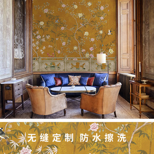 中式花鸟壁纸复古轻奢客厅，餐厅背景墙定制无缝无纺布墙纸卧室墙布