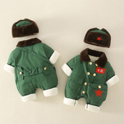 婴儿棉服东北军绿色连体衣冬季新生儿衣服加绒1厚2岁宝宝哈衣保暖