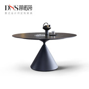 德利丰岩板圆餐桌内嵌式转盘设计师创意不锈钢纯黑色飞碟岩板餐桌