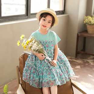 女童2024夏季韩版纯棉，中大童洋气碎花，短袖夏款雪纺拼接连衣裙