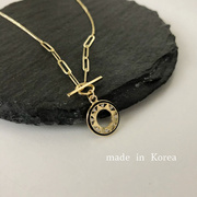 韩日系纯10k14k黄金饰品镂空圆形，亮钻项链设计感个性ot扣锁骨链女