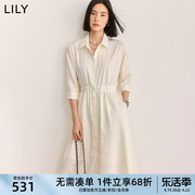 lily2024夏女装(夏女装，)职业通勤气质，九分袖时尚白色衬衫连衣裙小白裙