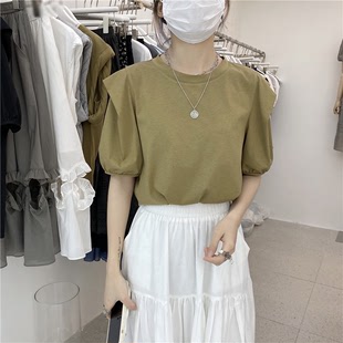 韩版2022年夏季女装高级感气质泡泡短袖宽松百搭舒适t恤上衣