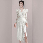 2024春季女装白色礼服裙长袖名媛开叉蕾丝法式连衣裙跨境女装9373