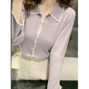 紫色薄款冰丝针织防晒开衫女2024春季上衣，小香风法式短款小衫