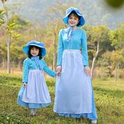 亲子户外服装 体验田园农场野炊cosplay装浅蓝色长袖波点长裙