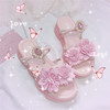夏季甜美罗马鞋绑带两穿厚底，凉鞋粉色立体花朵水钻松糕软底凉拖鞋
