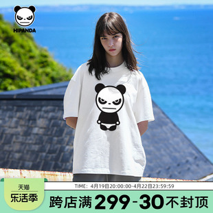 Hipanda你好熊猫设计潮牌经典熊猫短袖T恤男2024夏季情侣时尚