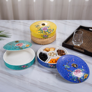 特色圆形珐琅彩干果盒创意五格，凉菜碟拼盘，彩色中式料碟干冰餐具