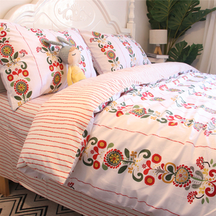 美式田园简约花卉活性印花床单床笠式床上用品四件套全棉纯棉被套