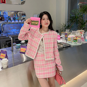 zhuyiyi名媛千金风粉色格子小香风，套装裙女双排扣外套短裙两件套