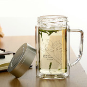 富光双层玻璃杯办公杯700B-320ml 透明带盖玻璃茶杯 印字logo厂价