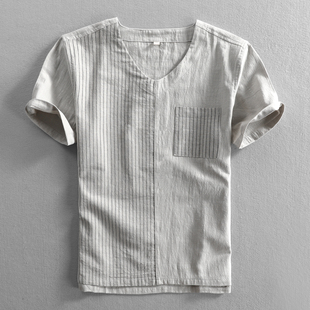 男士亚麻短袖衬衣，条纹透气拼接棉麻水洗，无领宽松半袖衬衫
