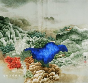 山水风景客厅玄关壁画特色，手工绣品老绣片手工刺绣苏绣装饰画