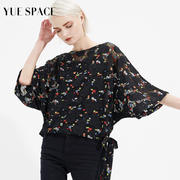 yuespace夏季蕾丝衫宽松套头系带，黑色印花镂空女士，小衫蝙蝠袖洋气
