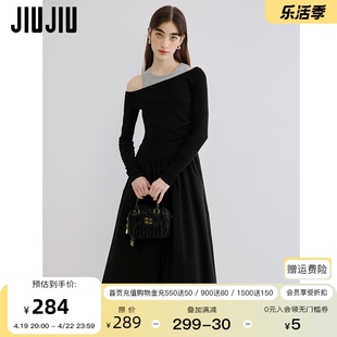 JIUJIU黑灰撞色两件套法式连衣裙女春季2024年设计感套装裙子