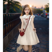 红丝带蕾丝花边娃娃，领连衣裙女短袖2024夏季法式白色初恋裙子