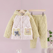 秋冬季儿童夹棉睡衣套装三层加厚女童家居服中小童可爱保暖两件套