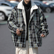 koowo格子羊羔毛棉袄(毛棉袄)外套，男宽松加厚绒棉衣美式复古潮牌保暖棉服