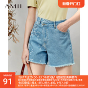 amii2023夏季牛仔裤短裤休闲裤，女裤子设计感斜门襟，毛边回头裤