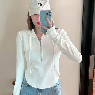白色开衫卫衣外套女拉链春秋，款修身长袖t恤短款连帽运动薄款上衣