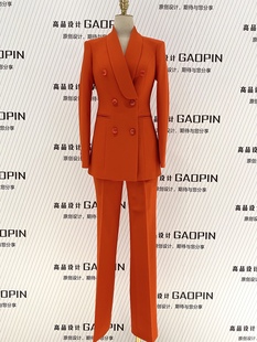 2024春季橘红色女士西装套装青果领双排扣修身团队职业工作服