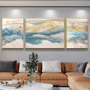 现代简约纯手绘油画客厅，装饰画沙发背景墙，挂画大气日照金山浅蓝