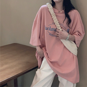 短袖粉色t恤女2024春夏季网红设计感小众上衣，ins韩版宽松打底衫潮