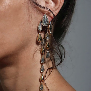 希腊设计师欧美复古长款镶钻流苏耳环金水滴水钻夸张银针耳坠大气