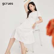 gcrues长款白色连衣裙女仙气2024夏季圆领短袖褶皱裙子设计感
