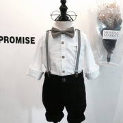 男宝宝英伦风长袖衬衫套装 儿童白色衣黑色背带长裤周岁演出礼服
