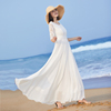 2023女气质长裙大摆长款连衣裙夏修身(夏修身)白色，裙子蕾丝拼接沙滩裙