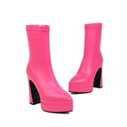 皮靴防水台粗跟高跟短靴，女中筒米白色粉色桃红色，靴子大码小码yll