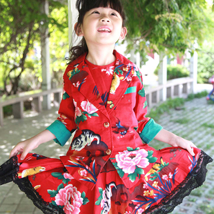 丹凤创意女童春秋装，西服短裙民族风东北大花布，西装外套裙子套装