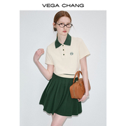 vegachang时尚套装女2024年夏季短袖，polo衫+百褶短裙两件套