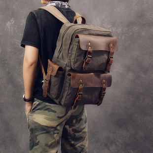 欧美复古潮流男士油蜡帆布双肩，包大容量户外旅行背包电脑书包