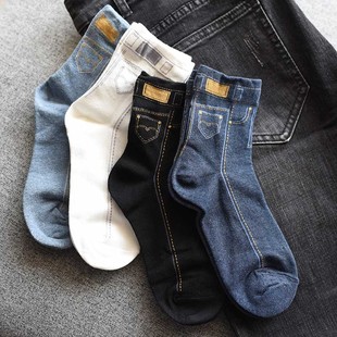 韩国个性袜子女潮人创意，百搭学院风，复古蓝色牛仔裤图案纯棉中筒袜