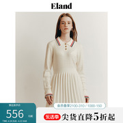 eland衣恋针织衫连衣裙，秋冬女撞色绞花设计百褶裙子女春夏