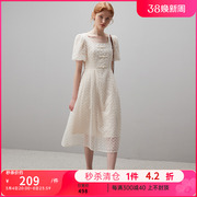 dfvc夏季新中式方领连衣裙2023女泡泡袖刺绣，拼接高腰宽松长裙
