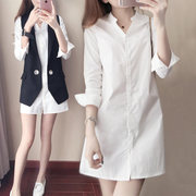 批发春季女装韩版修身学生，打底长袖衬衣v领纯色中长款白衬衫